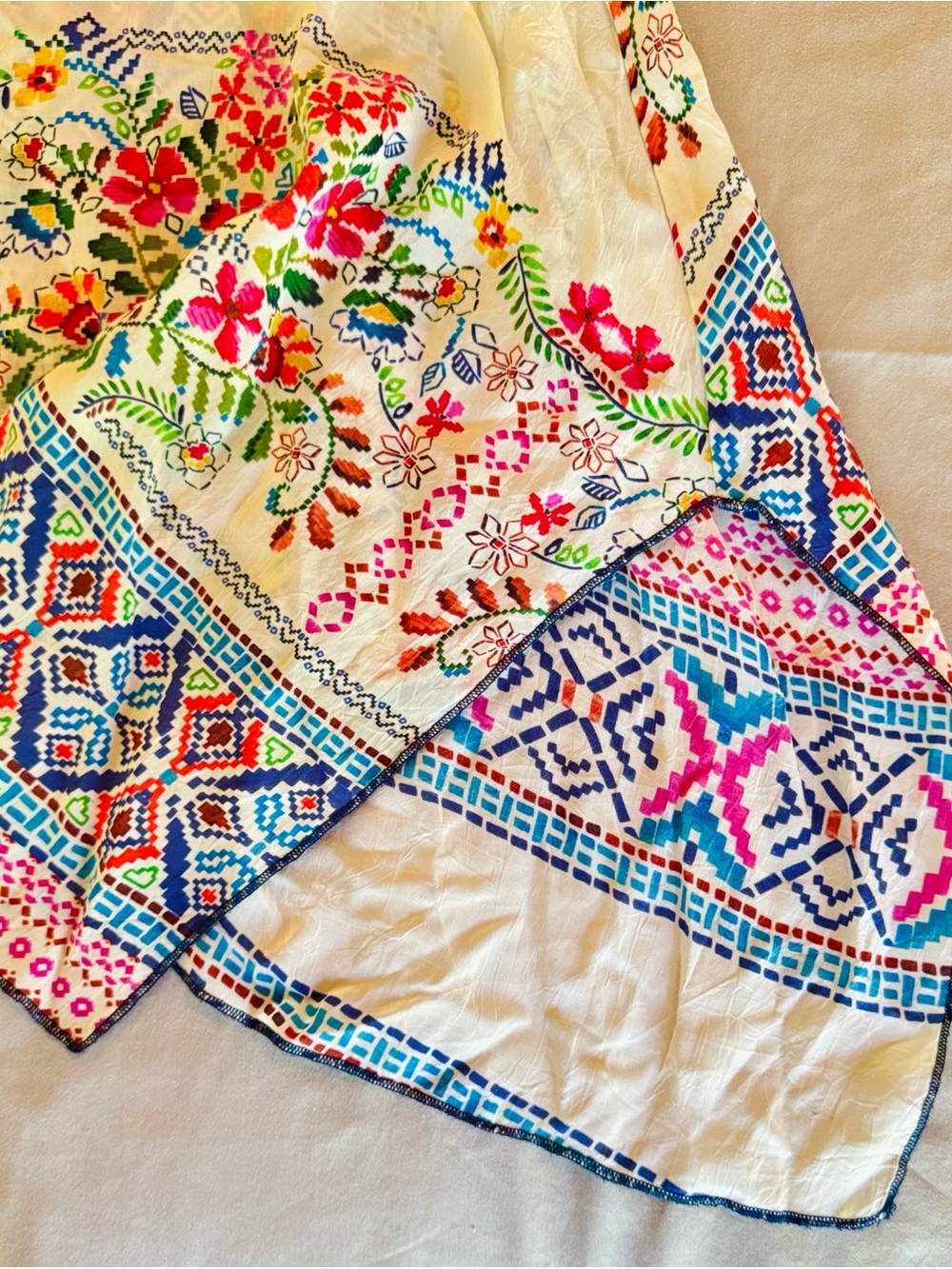 JOHNNY WAS Semi-Sheer Cream Colorful Floral Handkerchief Hem Tunic Top - Picture 7 of 16
